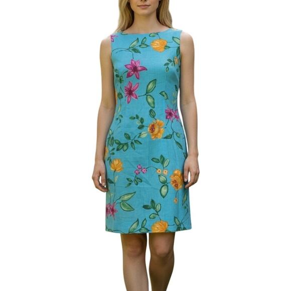 Talbots Dresses & Skirts - Talbots Blue Floral 100% Linen dress Womens Sz 4 Sheath Sleeveless Summer Party